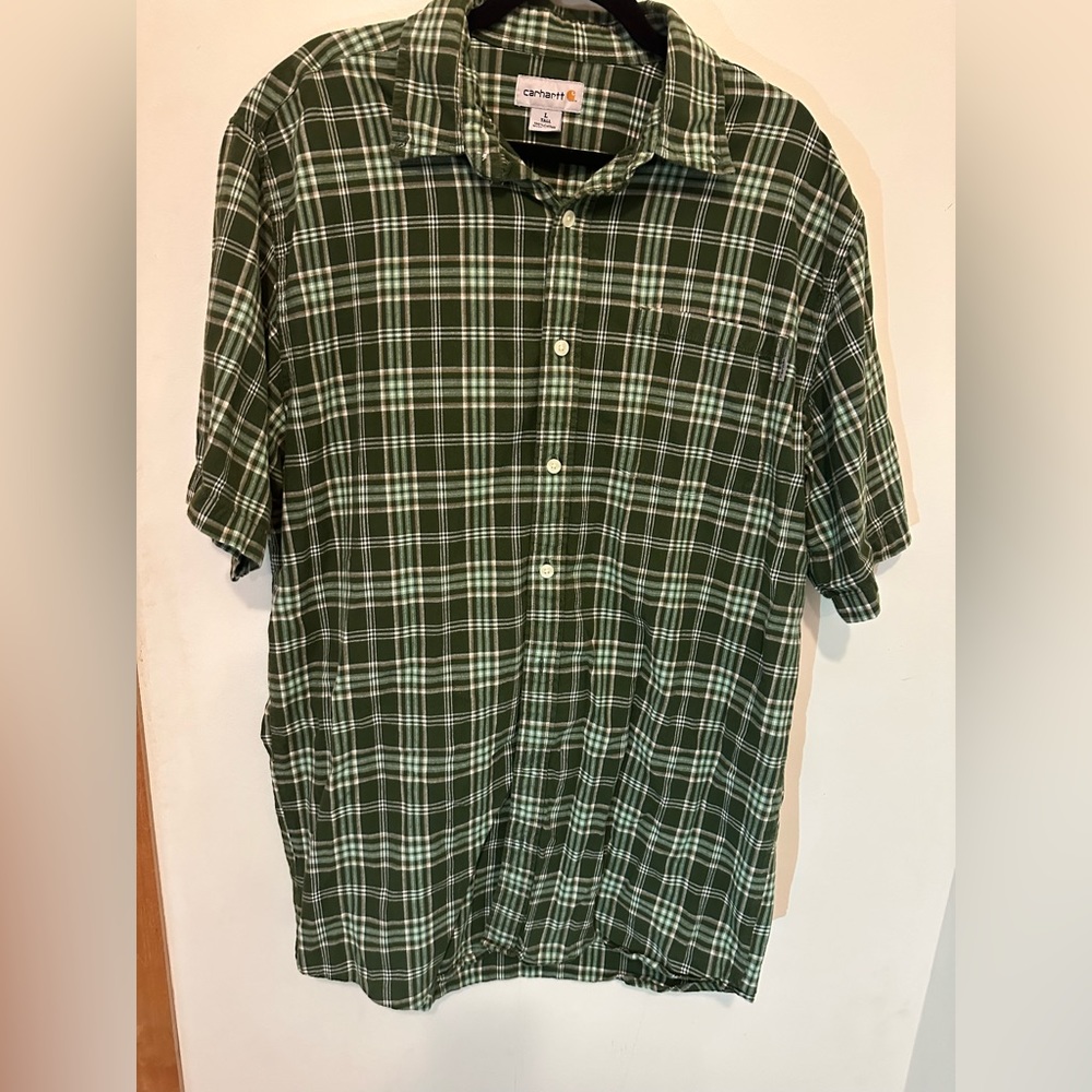 Men’s Carhartt Short Sleeve Button Down Green Plaid